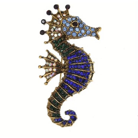 Blue Seahorse Crystal Rhinestone Brooch Pin STUNNING! - Picture 5 of 5